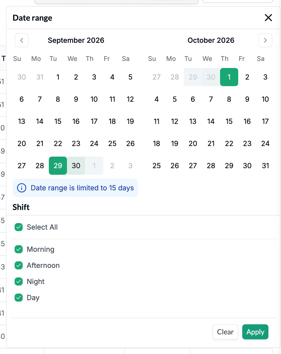 The Date range panel open on the Stops tab, with two months of calendar, the notice that the date range is limited to 15 days, the Shift checkboxes, and the Clear and Apply buttons.