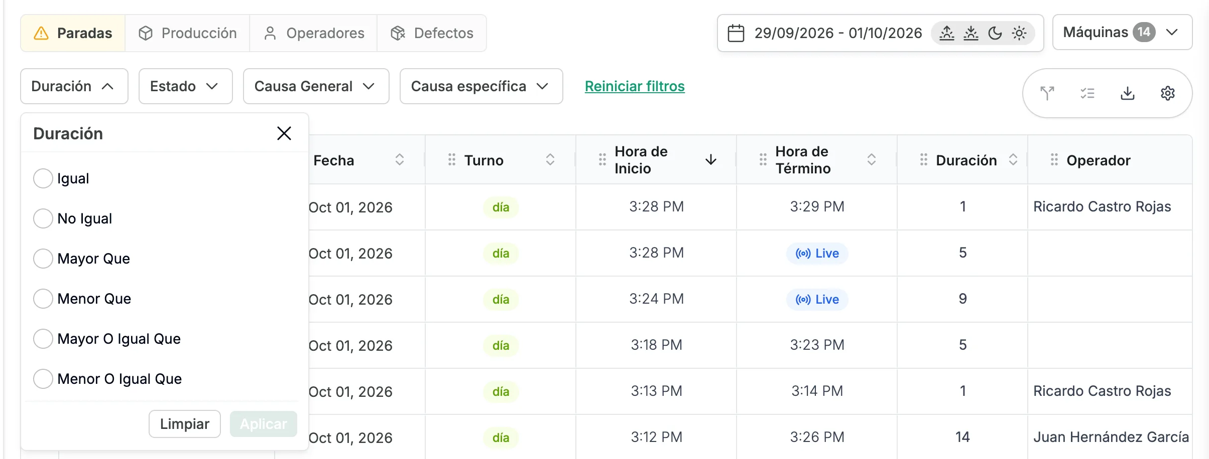 La pestaña Paradas con el filtro Duración abierto, mostrando las opciones Igual, No Igual, Mayor Que, Menor Que, Mayor O Igual Que y Menor O Igual Que, y los botones Limpiar y Aplicar, junto a los filtros Estado, Causa General y Causa específica y Reiniciar filtros.