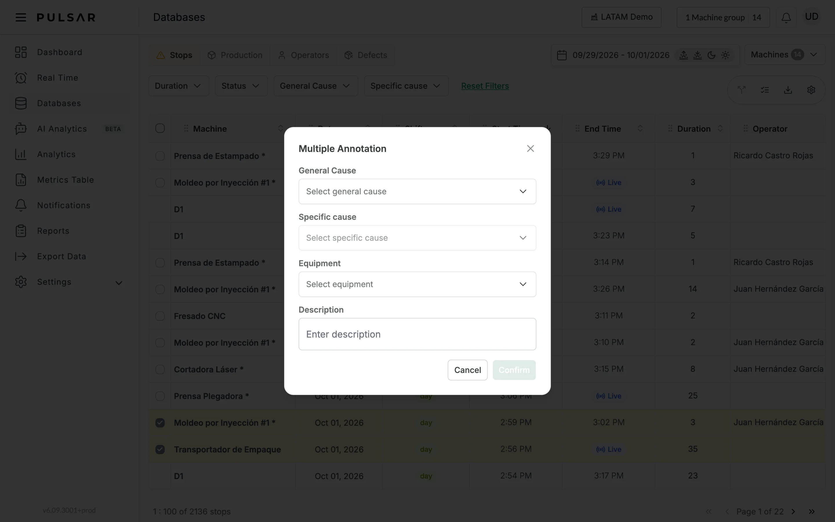 Two stops selected in the Stops table, and the Multiple Annotation dialog with the General Cause, Specific cause, Equipment and Description fields and the Cancel and Confirm buttons.