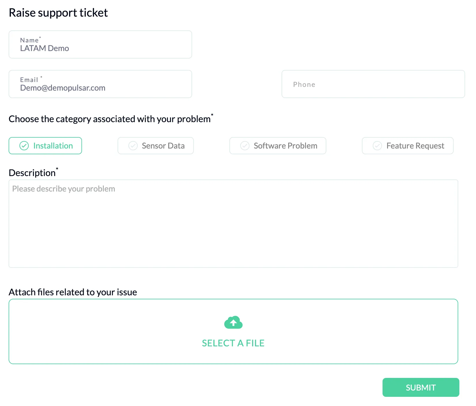 The Raise support ticket form on the Support Ticket page, with the Name, Email and Phone fields, the four category options with Installation selected, the Description box, the SELECT A FILE upload area and the SUBMIT button.