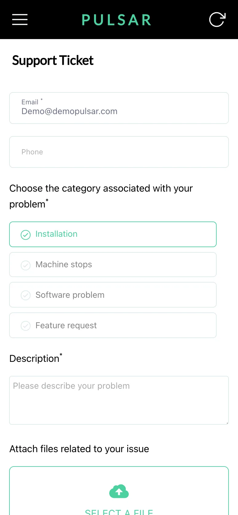 The Support Ticket form in the mobile app, with the Email and Phone fields, the four category options stacked with Installation selected, the Description box and, at the bottom, the top of the SELECT A FILE upload area.