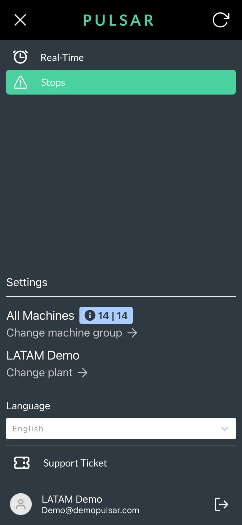 The mobile app with its menu open: Real-Time and Stops at the top, the Settings section with the machine group, plant and Language, and Support Ticket with a ticket icon at the bottom, above the user's name and email.
