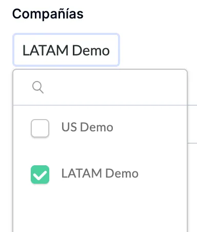 El campo Compañías de la ventana para crear un usuario abierto, con un buscador y una casilla por cada planta: US Demo sin marcar y LATAM Demo marcada.