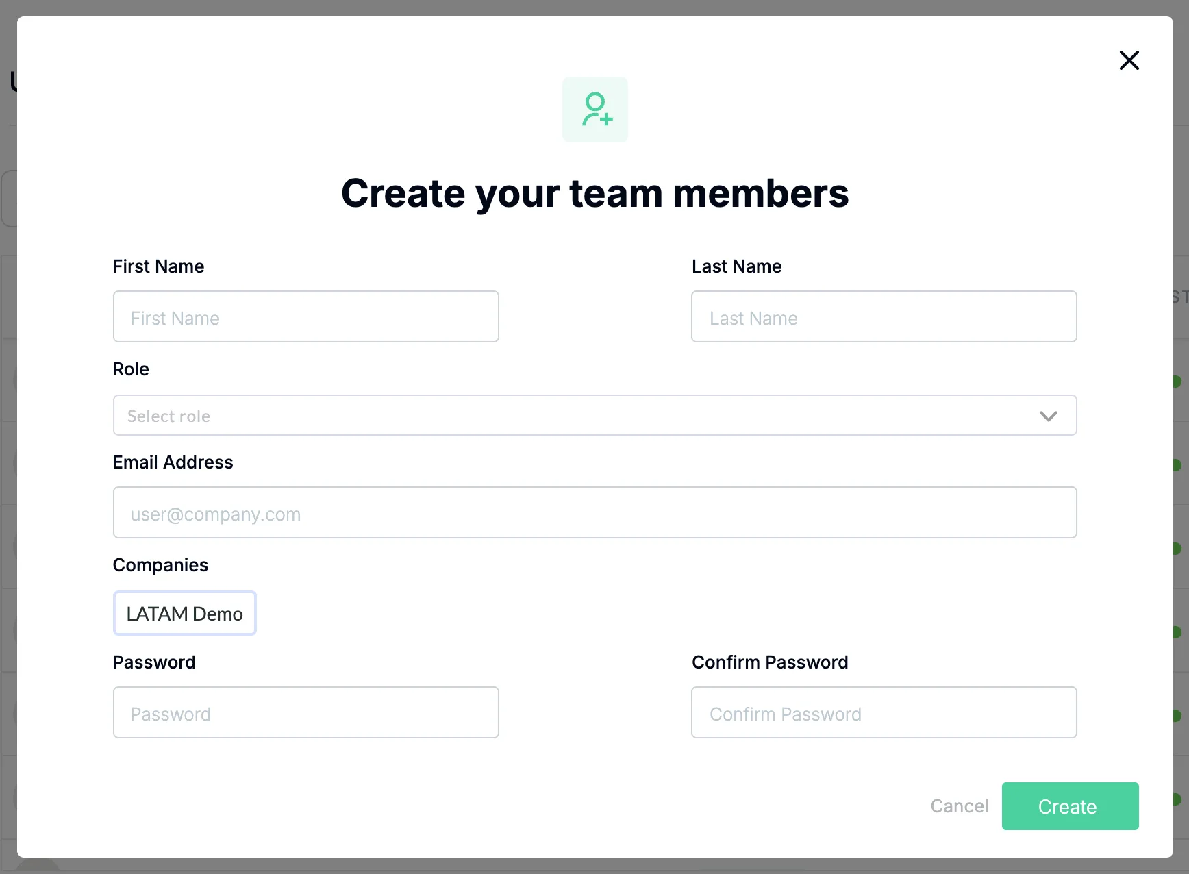 The Create your team members window, with the fields First Name, Last Name, Role (Select role), Email Address, Companies (LATAM Demo), Password and Confirm Password, all empty, and the Cancel and Create buttons.