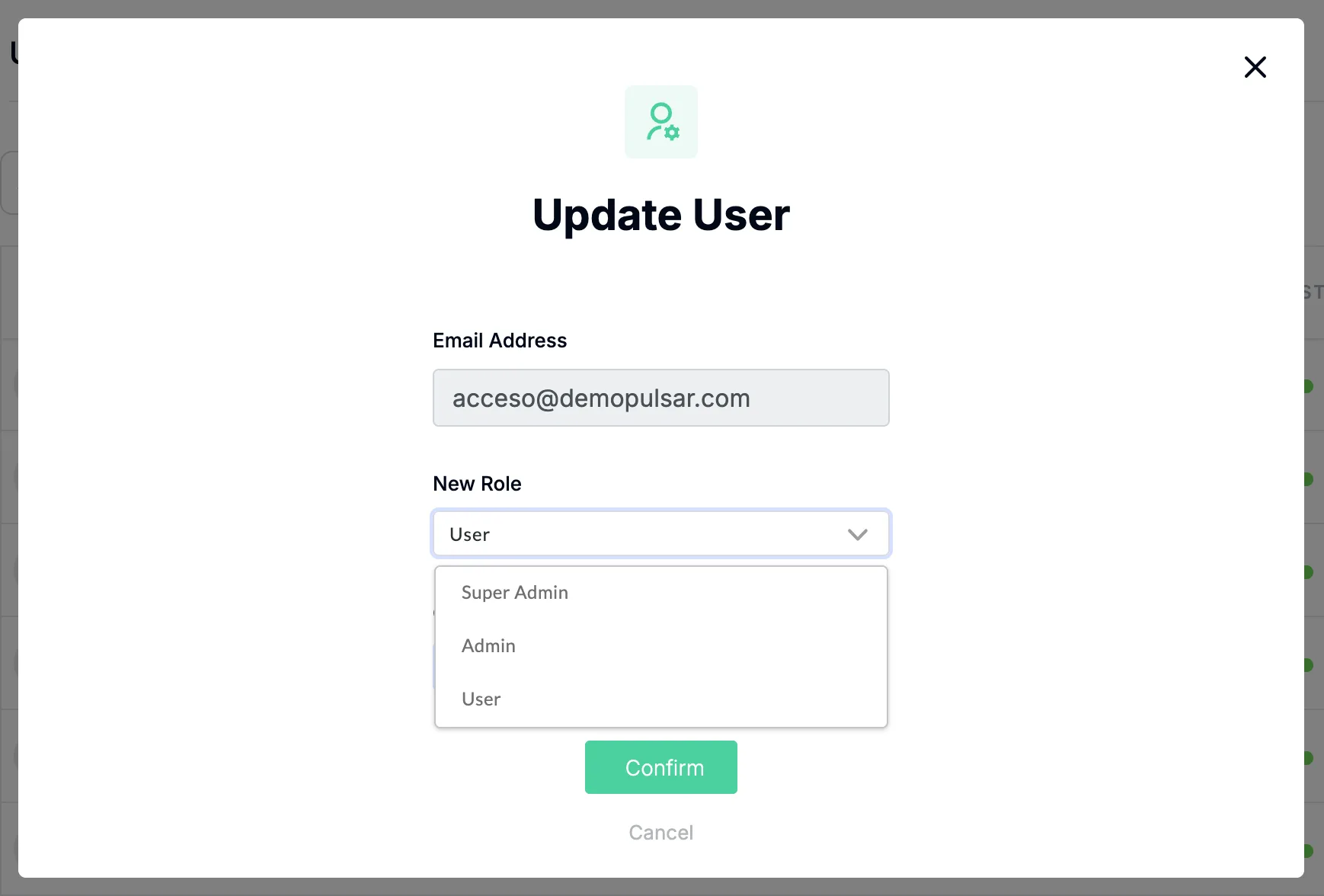 The Update User window, with the user's email address greyed out, the New Role dropdown open showing Super Admin, Admin and User (covering the Companies field), and the Confirm and Cancel buttons.